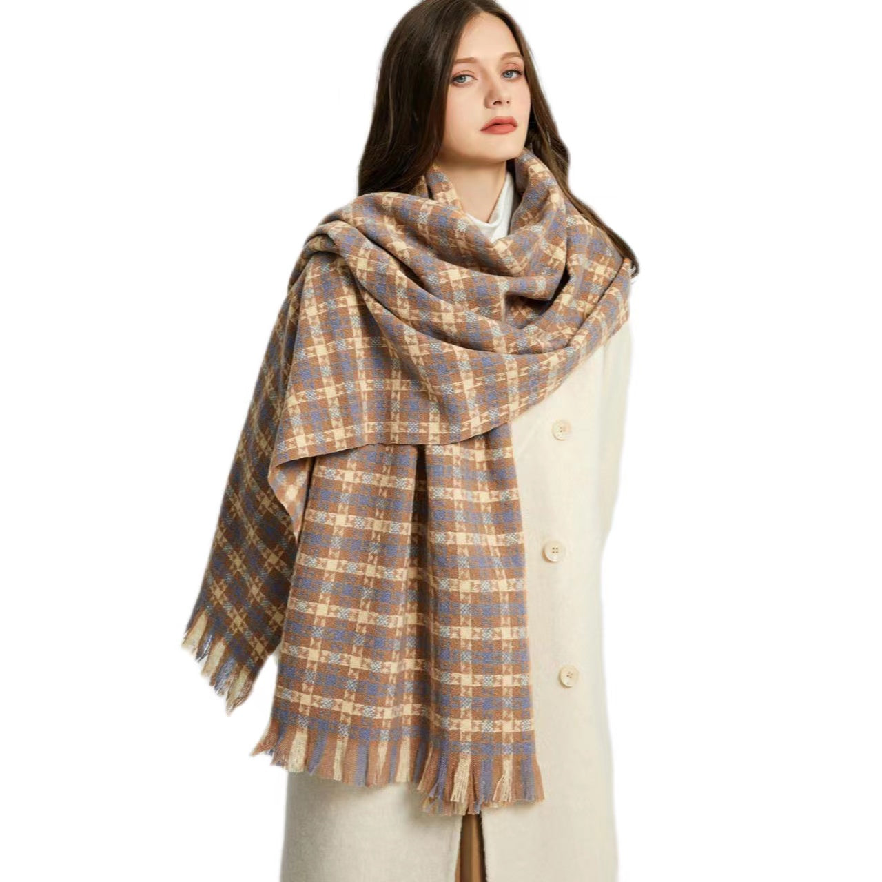 3991-02 Women's Long Classic Tassel Plaid Scarf, Chunky  Winter/Fall Warm Scarf